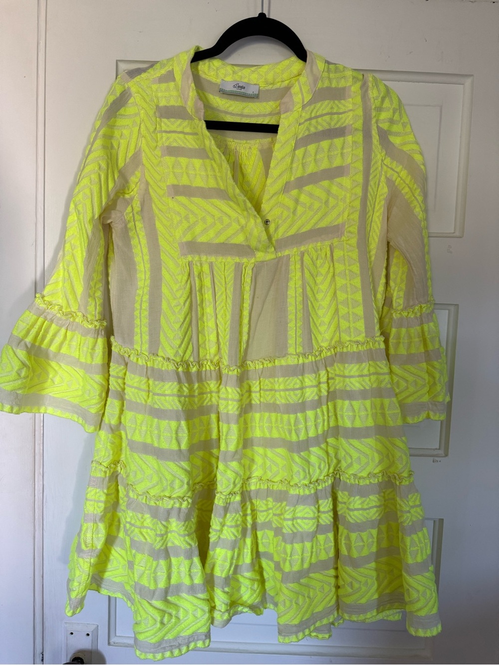Devotion TWINS highlighter Yellow Striped Bell-Sleeve Mini Dress
